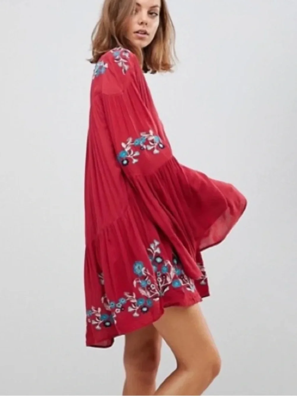 Free People Te Amo Mini Dress with Blue Floral Embroidery